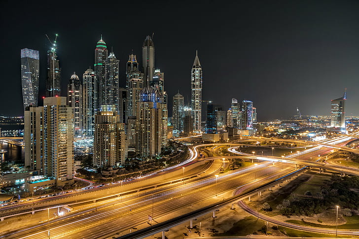 timelapse photo of high way near high rise buildings, Dubai Marina