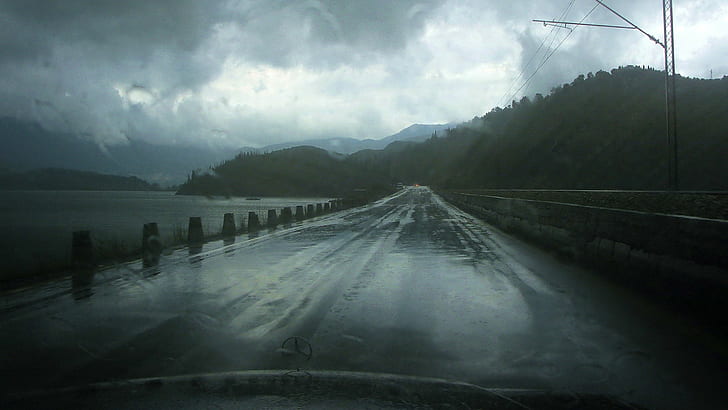 gray concrete road, concrete road near body of water and moutain