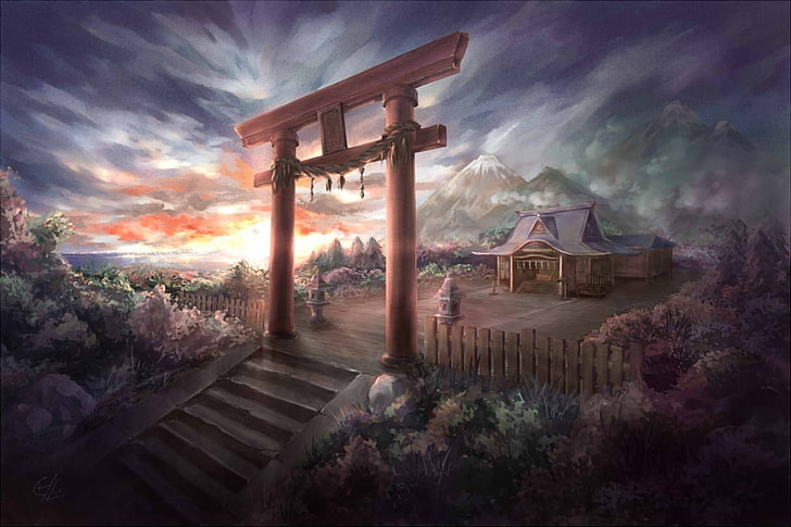 mountains clouds landscapes touhou trees stairways shrine gate scenic shinto torii shimenawa gensoky Nature Mountains HD Art, HD wallpaper