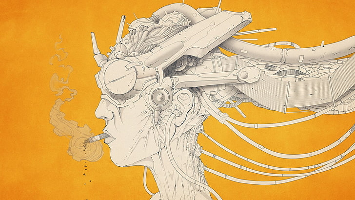 smoking person with robot head illustration, artwork, cyborg