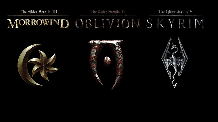 Morrowind, Oblivion, The Elder Scrolls V Skyrim logos, The Elder Scrolls V: Skyrim