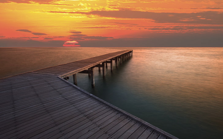 rectangular brown wooden coffee table, pier, sea, sunset, sky, HD wallpaper