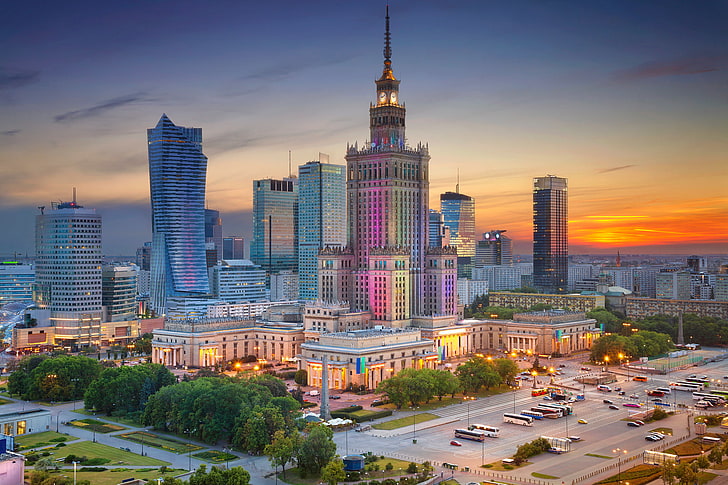home, the evening, Poland, Warsaw, panorama, center, The Palace of culture and science, HD wallpaper