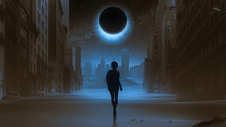darkness, moonlight, lunar eclipse, silhouette, night, street, HD wallpaper