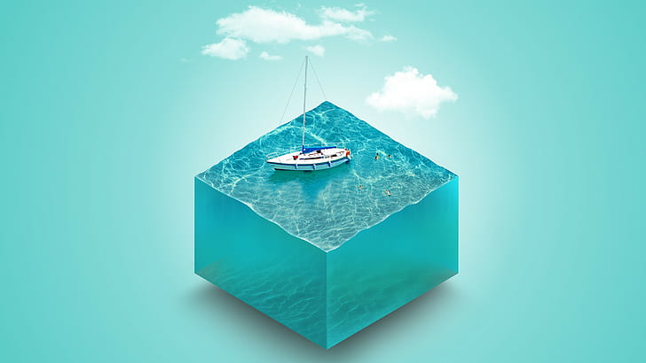 3d object, boat, yachts, simple background, water, cube, digital art