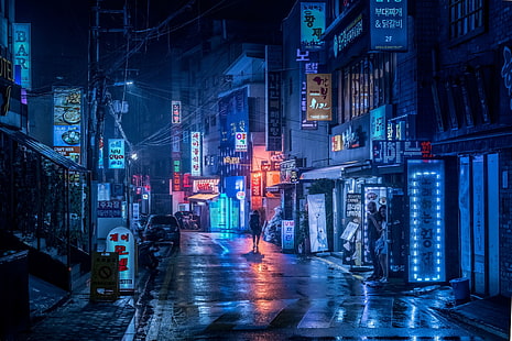 HD wallpaper: street, korea, seoul, night, neon, city, light