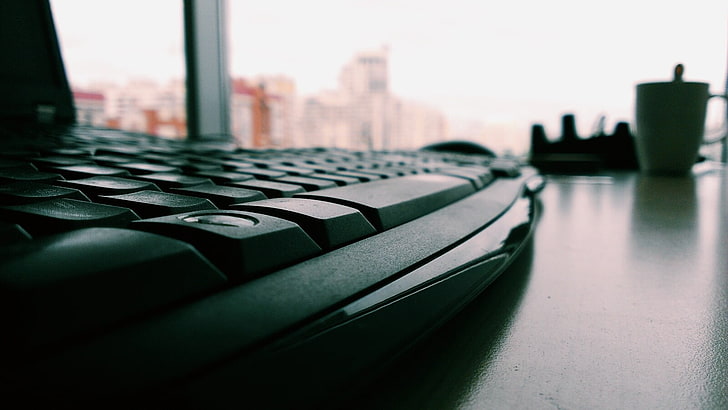 black computer keyboard, keyboards, depth of field, closeup, desk
