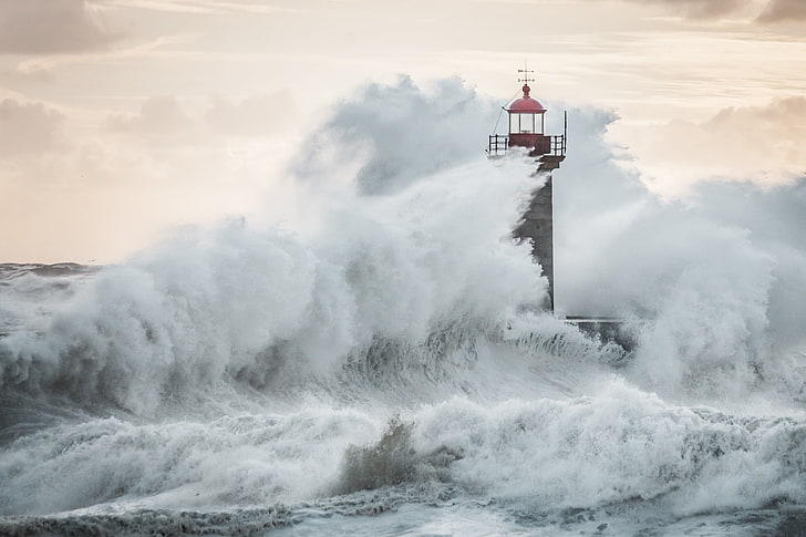 gray housetower, wave, squirt, storm, lighthouse, sea, beacon