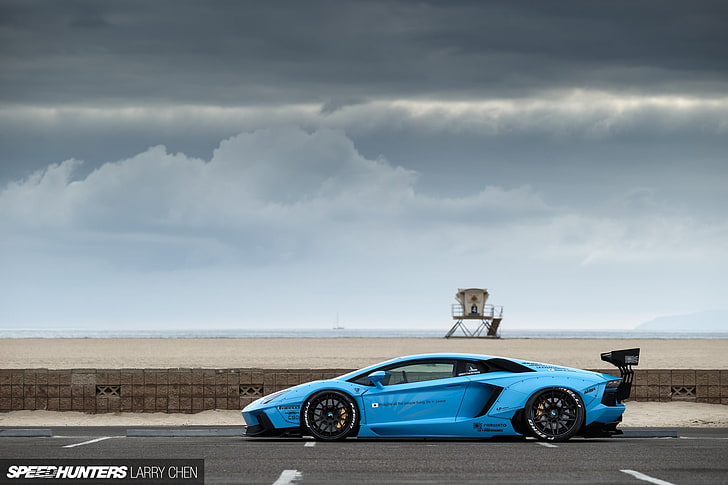 blue sports car, Lamborghini, Lamborghini Aventador, LB Works