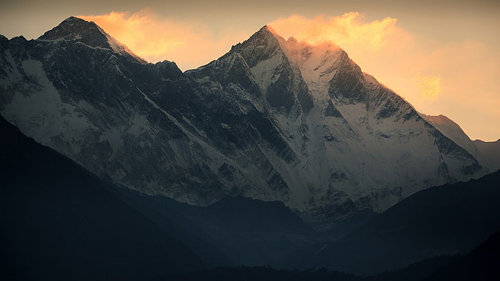 snow-capped mountain, snow covered mountains at golden hour, landscape