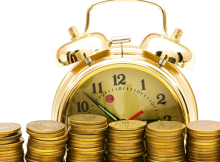 gold alarm clock and coin lot, time, money, coins, currency, finance, HD wallpaper
