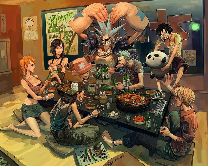 One Piece digital wallpaper, anime, group of people, food, food and drink
