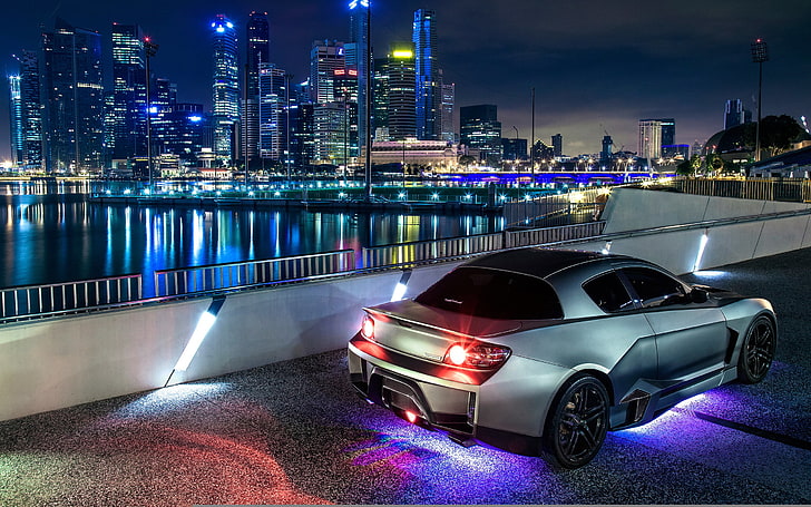 silver coupe, the city, tuning, neon, Mazda, Mazda RX-8, night, HD wallpaper