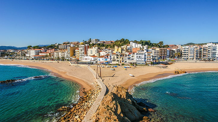 beach shore, catalonia, resort, sea, coastline, sand, summer, HD wallpaper