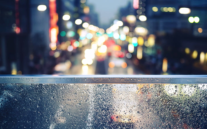 city bokeh photo, shallow focus photography of gray steel handrail during nighttime, HD wallpaper