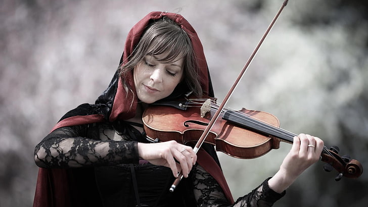 Lindsey Stirling, violin, women, brunette, cloaks, musical instrument