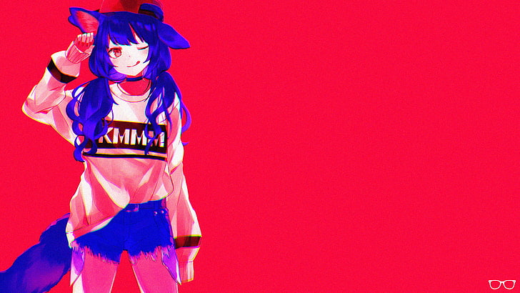 anime girls, nekomimi, red, blue, simple, simple background, HD wallpaper