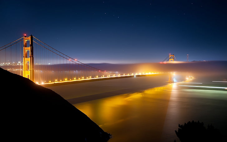 city, urban, Golden Gate Bridge, San Francisco, lights, river, HD wallpaper