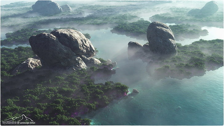 forest, mountains, rocks, 3D, render, digital art, CGI, beauty in nature, HD wallpaper