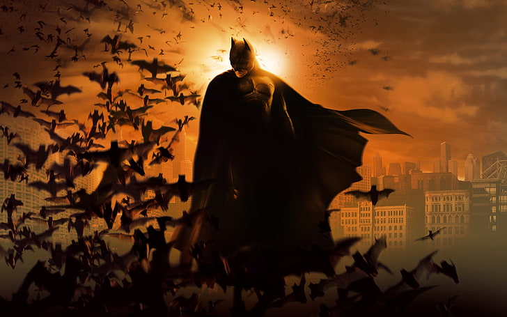 Batman wallpaper, bats, city, Batman Begins, movies, sky, sunset, HD wallpaper