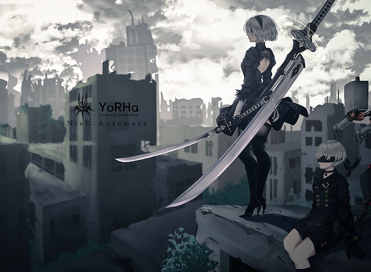 Yorha unit no.2 type b, 2B (Nier: Automata), sword, thigh-highs