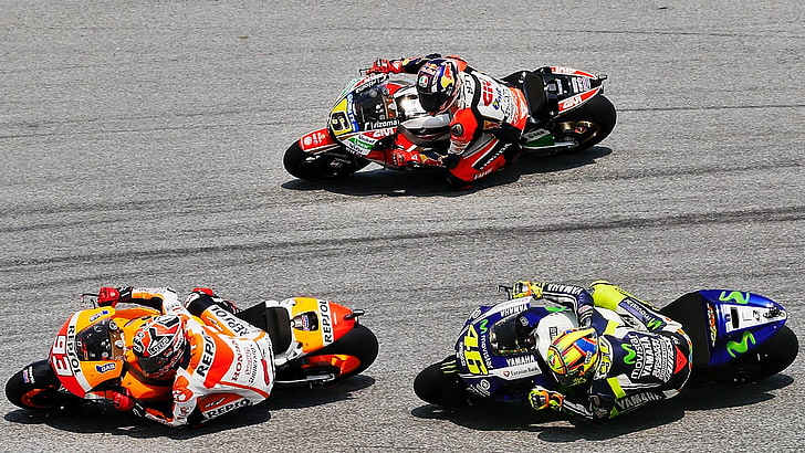 three racer riding sports bikes during daytime, Moto GP, racing, HD wallpaper