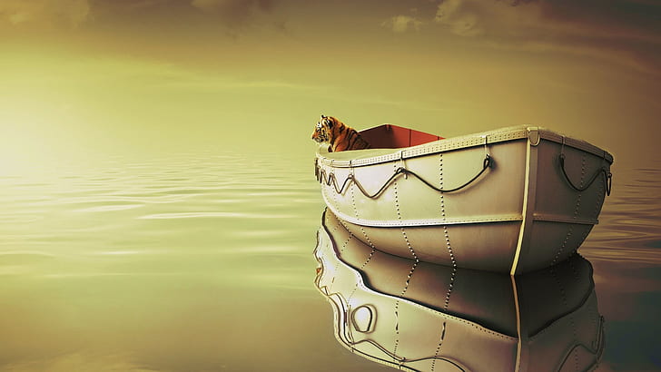 Life of Pi, boat, tiger, water refletion, ocean view, daylight
