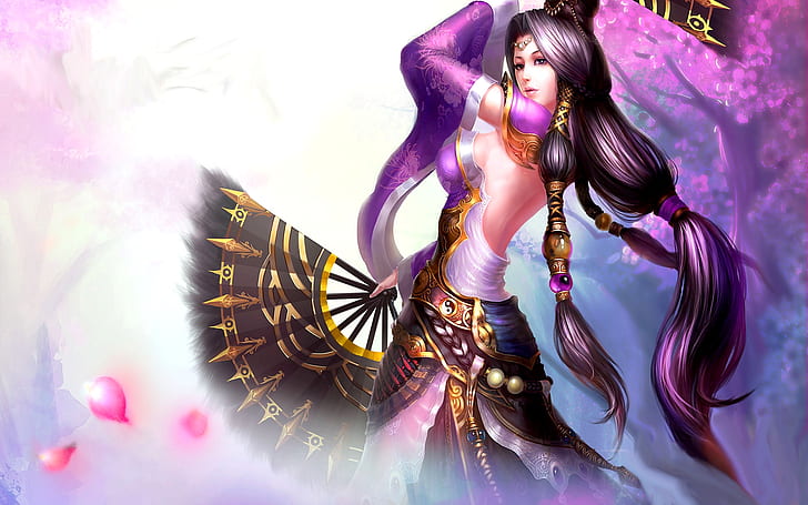 Beautiful oriental girl animation brunette with purple long hair brown eyes Fantasy Art HD Wallpapers for Desktop Mobile Phones and laptop 3840×2400