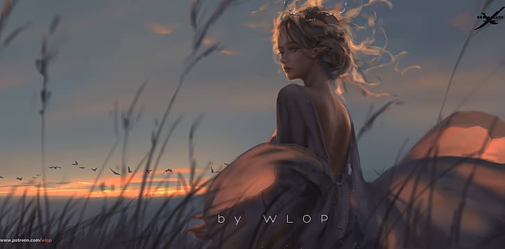 digital art, fantasy girl, sunset, sky, GhostBlade ( comics ), HD wallpaper