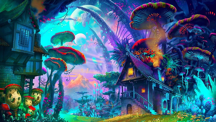 fantasy art drawing nature psychedelic colorful house mushroom planet plants mountain, HD wallpaper