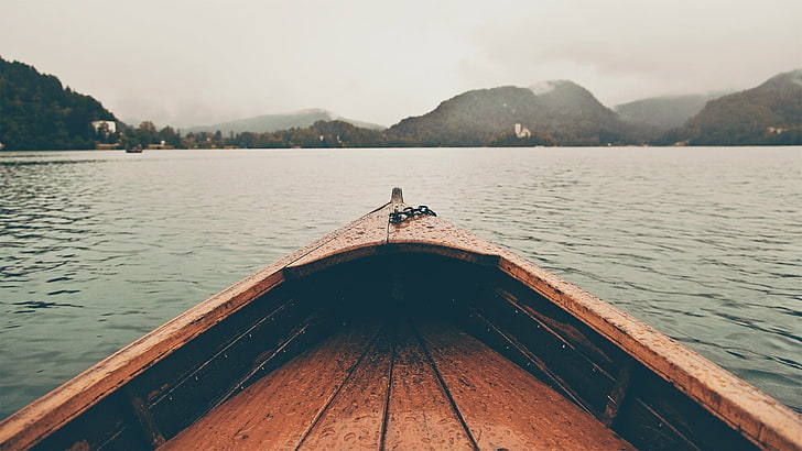 brown wooden boat, landscape, lake, filter, water, water drops, HD wallpaper