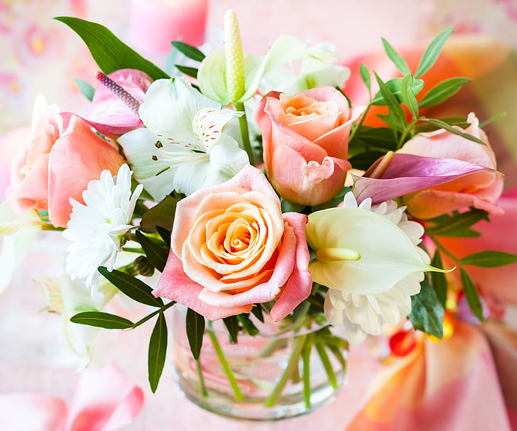 pink and white rose, anthurium, and Peruvian lily flower centerpiece