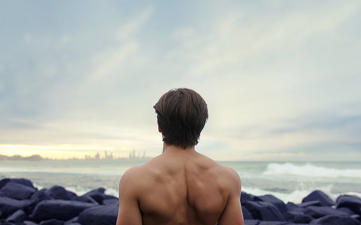man, nude, sea, nature, rear view, sky, shirtless, real people