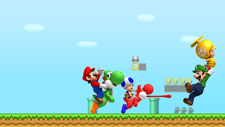 Super Mario digital wallpaper, Luigi, Yoshi, Toad (character), HD wallpaper