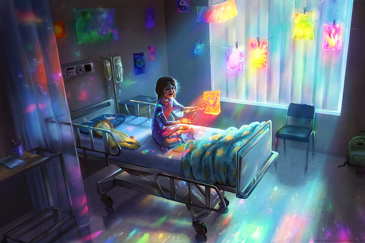 hospital, bed, little girl, children, artwork, 2D, emotion