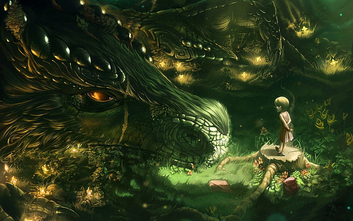 green dragon and girl illustration, Fantasy, Child, animal, abstract