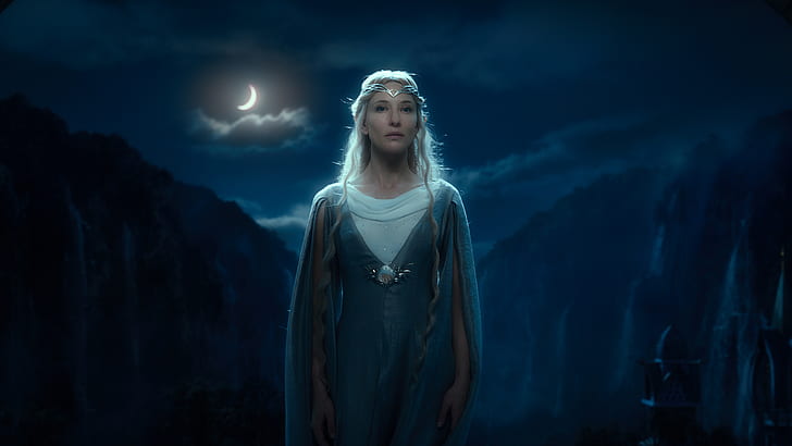 The Lord of the Rings The Hobbit Elf Night Moon Cate Blanchett Galadriel HD, women's 2-piece white shirt and gray long sleeved dress, HD wallpaper