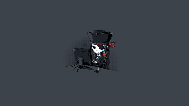 skeleton using computer illustration, pirates, monitor, headphones