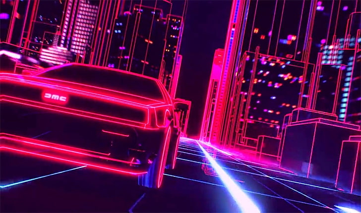 pink car, New Retro Wave, synthwave, 1980s, neon, DeLorean, retro games