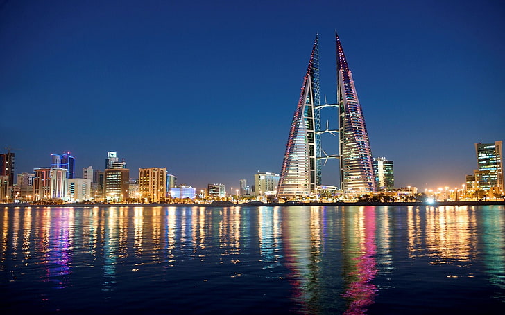 cityscape city skyscraper bahrain world trade centers manama, HD wallpaper