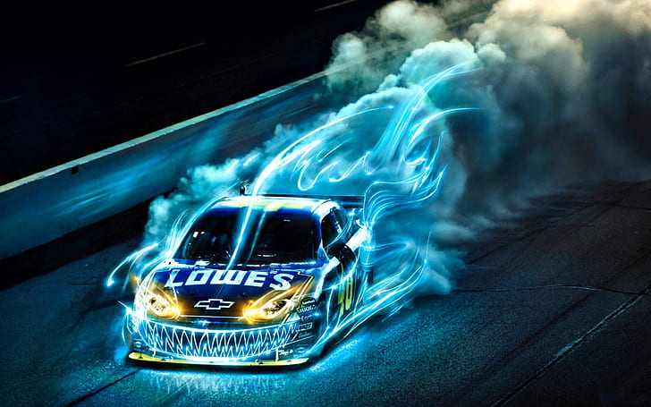 Drift Racing HD, lowe's chevrolet racing car with smoke and blue flame wallpaper