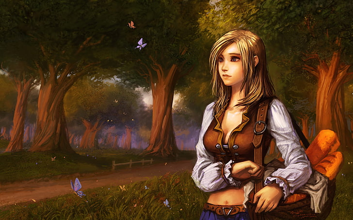 female anime character wallpaper, road, trees, butterfly, basket