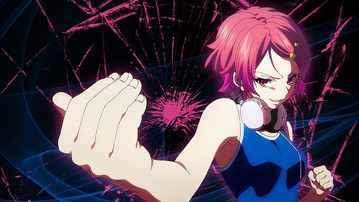 HD wallpaper: anime, anime girls, pink hair, red eyes, headphones, fist,  smirk | Wallpaper Flare