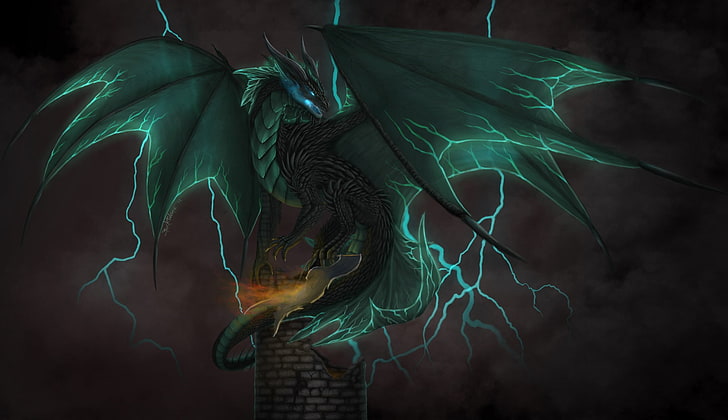 digital art, fantasy art, dragon, wings, chimneys, lightning