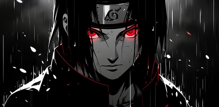 anime boys, Naruto (anime), Uchiha Itachi, red eyes, monochrome