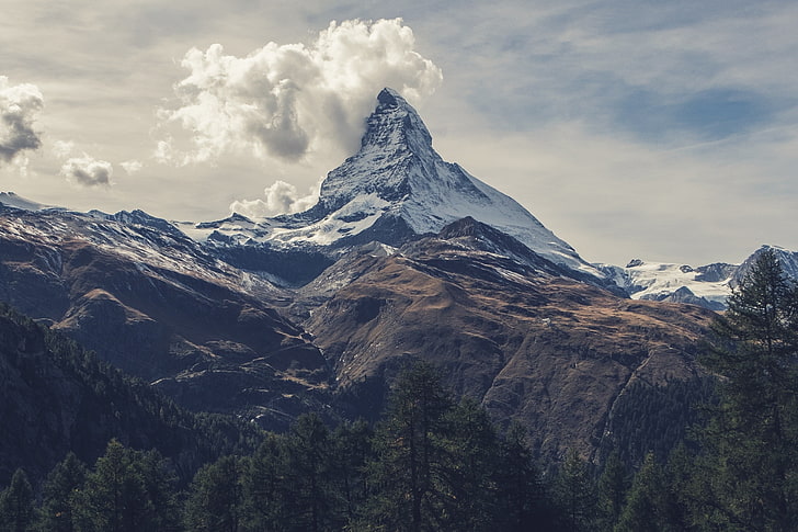 Matterhorn, Switzerland, mountains, summit, forest, trees, nature, HD wallpaper