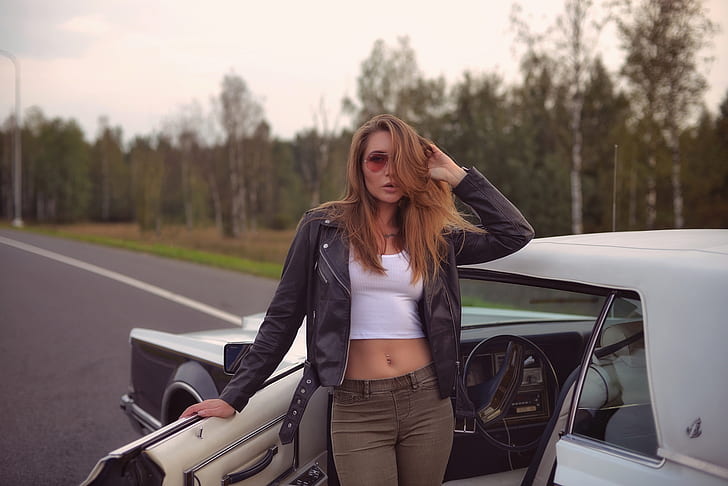 Eva Lunichkina, women, model, brunette, long hair, women with cars