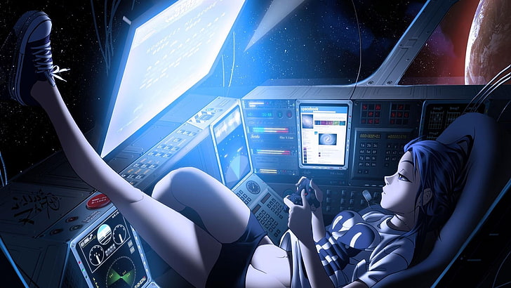 gamer, space, girl, earth, play station, anime, HD wallpaper