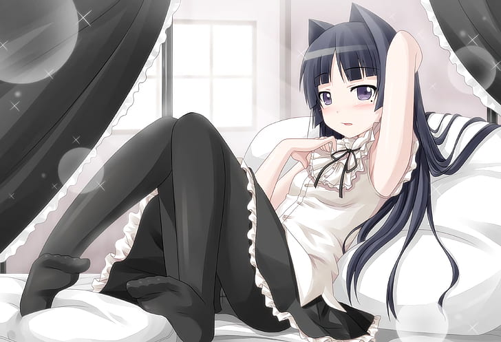 anime, anime girls, Gokou Ruri, cat girl, black stockings, in bed, HD wallpaper