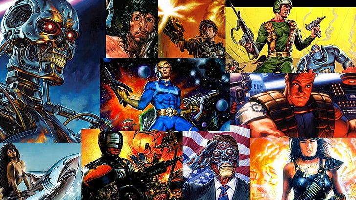 Robocop collage, 1980s, Rambo, Terminator, space, soldier, movies, HD wallpaper